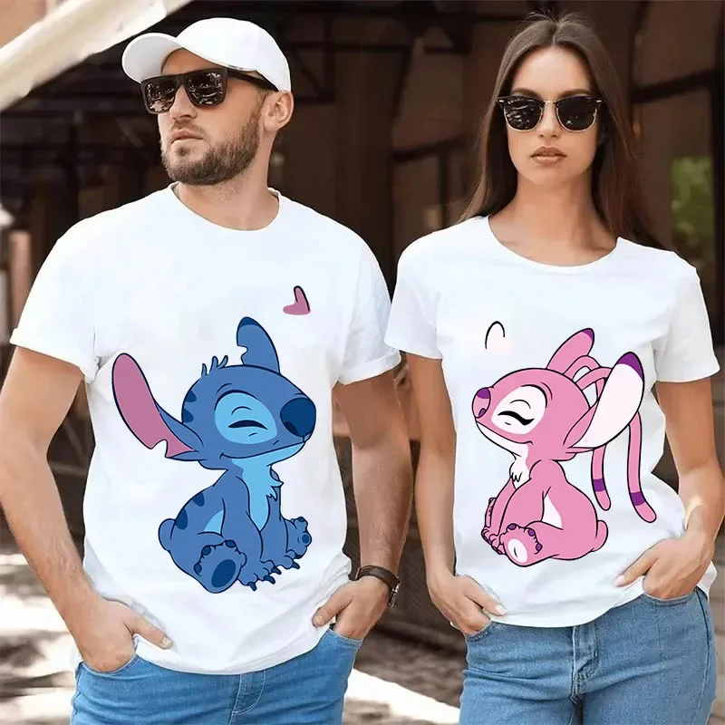 

2025 Disney Couple T-shirt Fashionable Stitching Angel Monster Letter Cartoon T-shirt Cute Harajuku Men And Women T-shirt Top