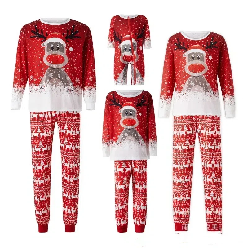 2024 European and American Pajama Set New Deer Letter Grid Printed Home Clothes Pajama Christmas Parent Child Set