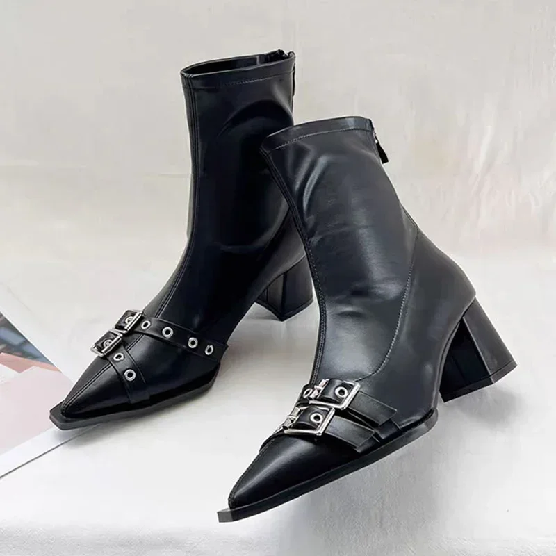 High Heels Ankle Boots Women Chunky Pointed Toe Leather Shoes Woman 2024 Trend Winter Pumps Goth Fashion Chelsea Botas Mujer