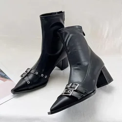 Wysokie obcasy Botki za kostkę Kobiety Chunky Pointed Toe Skórzane buty Kobieta 2024 Trend Zimowe czółenka Goth Fashion Chelsea Botas Mujer