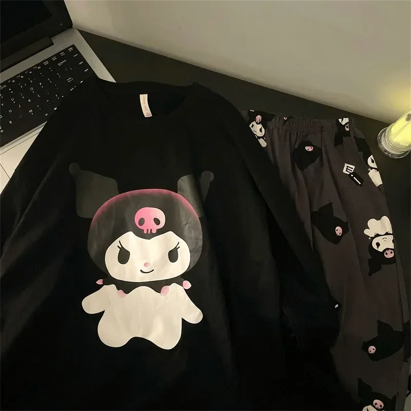 Sanrio Kulomi automne pur coton nouveau pantalon à manches longues col rond pyjama femme pyjama en soie ensemble de vêtements de détente décontractés pour femmes