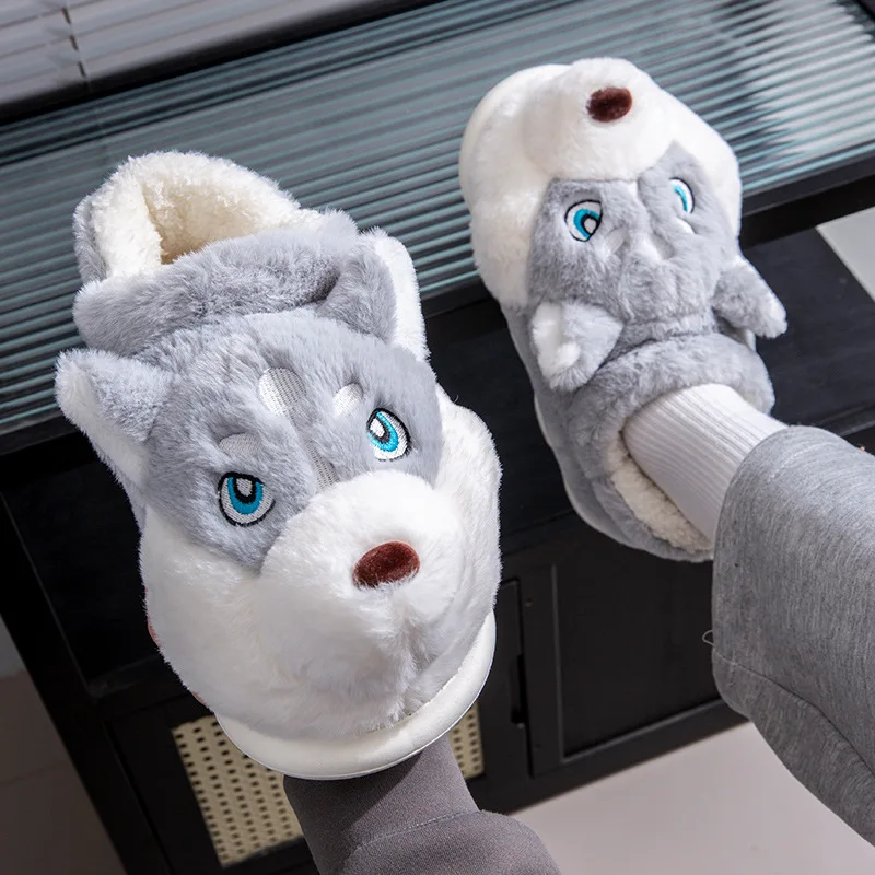 Women Indoor Cotton Slippers Cute Cartoon Dog Winter Warm Shoes Couples Home Floor Slides Anti-slip  Female Male House Footwear