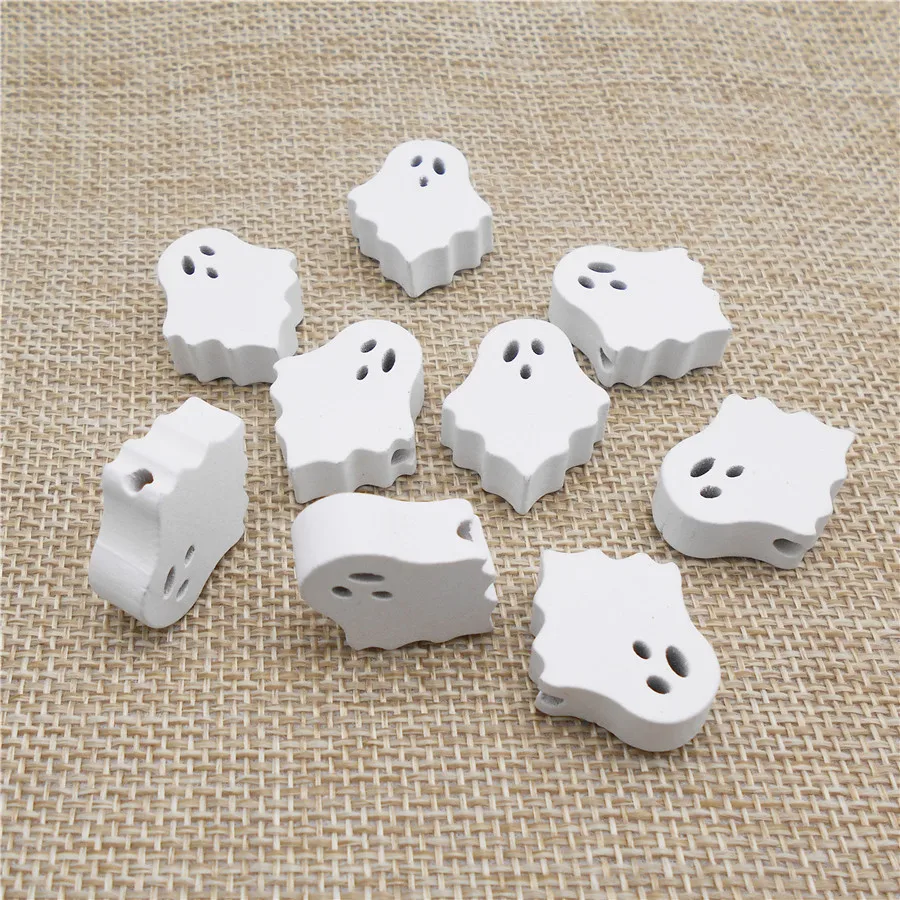 Julie Wang 10PCS White Wooden Halloween Ghost Beads Natural Wood Spacer Bead For Necklace Bracelet Jewelry Making Accessory