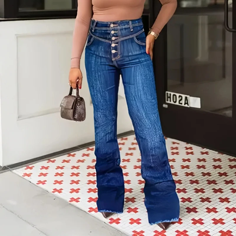 

Европейские и американские модные трендовые однорядные уличные джинсы с несколькими пуговицами и высокой талией, облегающие прямые брюки с микро-расклешенными штанинами