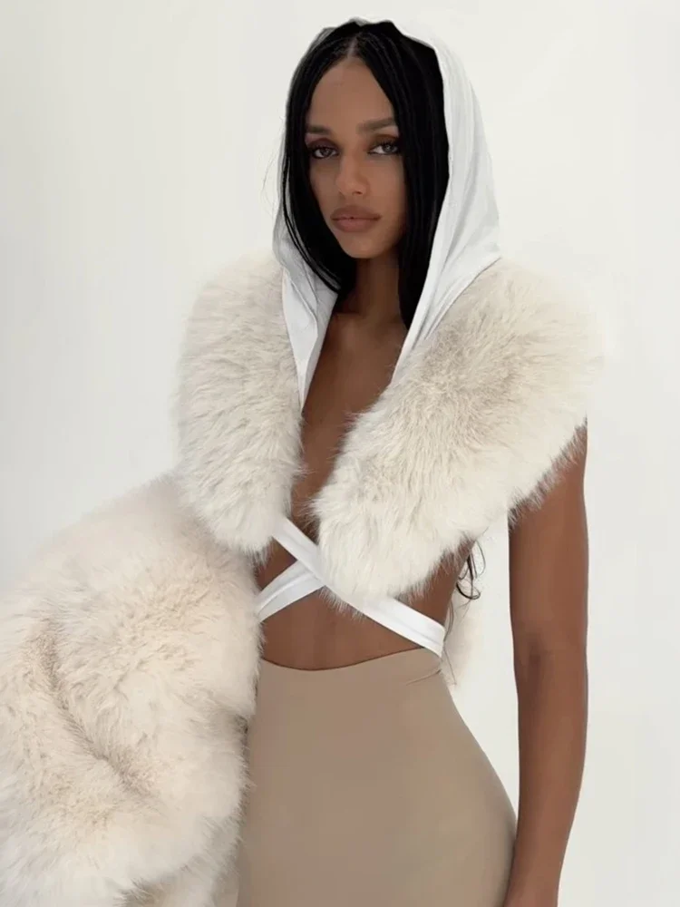 Weird Puss Sexy Furs Patchwork Tank Top Women Autumn Fashion Hooded Bandages Midnight Street Club Hottie Simple Chic Style Vest