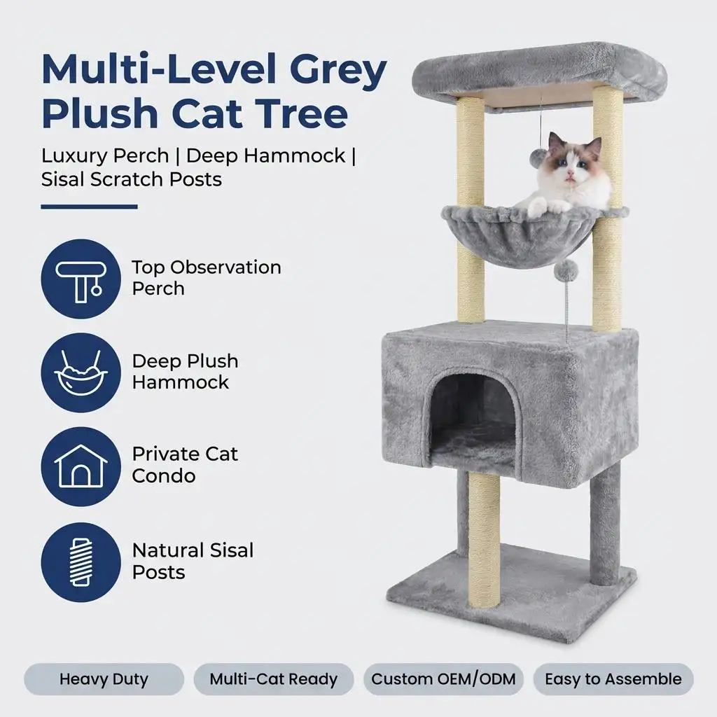 Sturdy Indoor Cat Tree with Large Hammock and Sisal-Wrapped Posts Space-Saving Vertical Playground for Multi-Cat Home