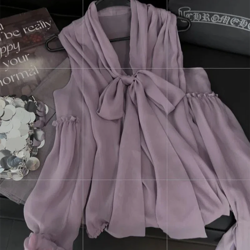 

French Lace Up Butterfly Condensation Shoulder Shirt with Long Sleeves Feminine Temperament Socialite Versatile Chiffon Top