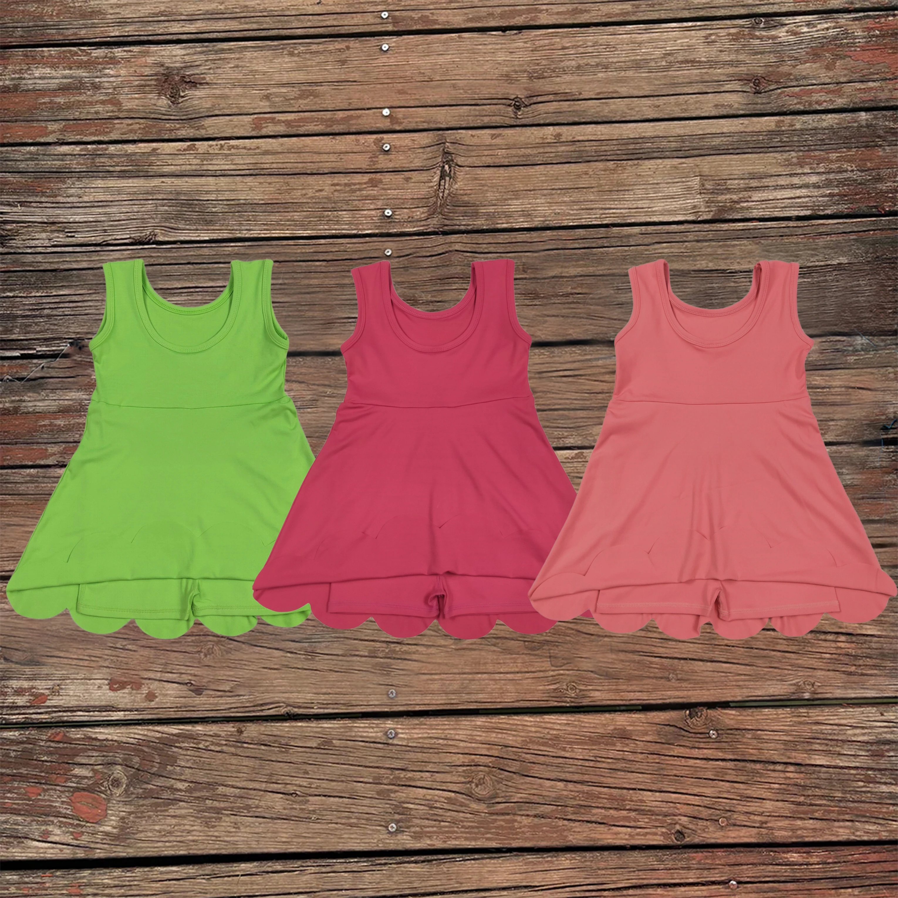 

Wholesale Boutique Baby Dresses for Girls Solid Color Sleeveless Yoga Active Wear Knit Knee Length Dress Kids Sibling Clothes