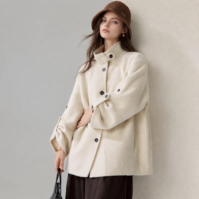 Women's Stand Collar Button Front Mid Coat, Roll Tab Sleeve Oversized Loose Fit Winter Jacket