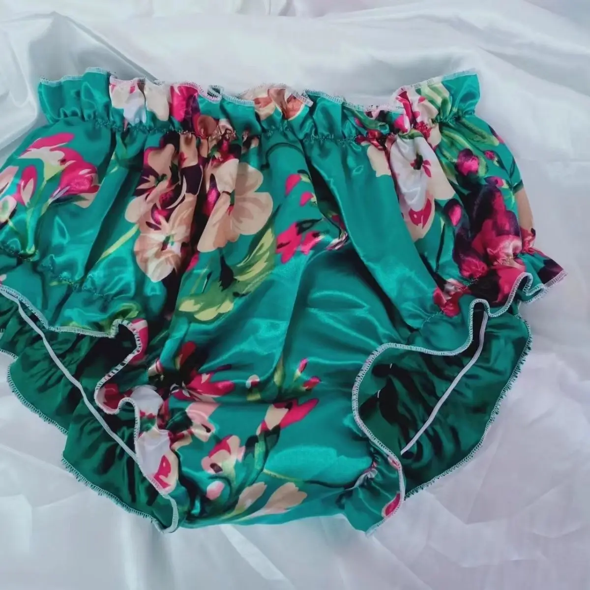 

40-80kg Summer Green Satin Floral Lingerie Panties Plus Size Underwears Sexy Mid Waist Briefs