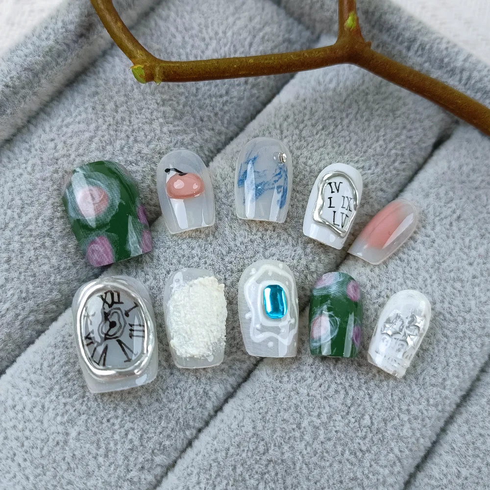 10pcs Handmade Press On Nails Y2k Style Short Square Smudging False Nail Hand-painted Clock Flower Rhinestone Decor Fake Nails