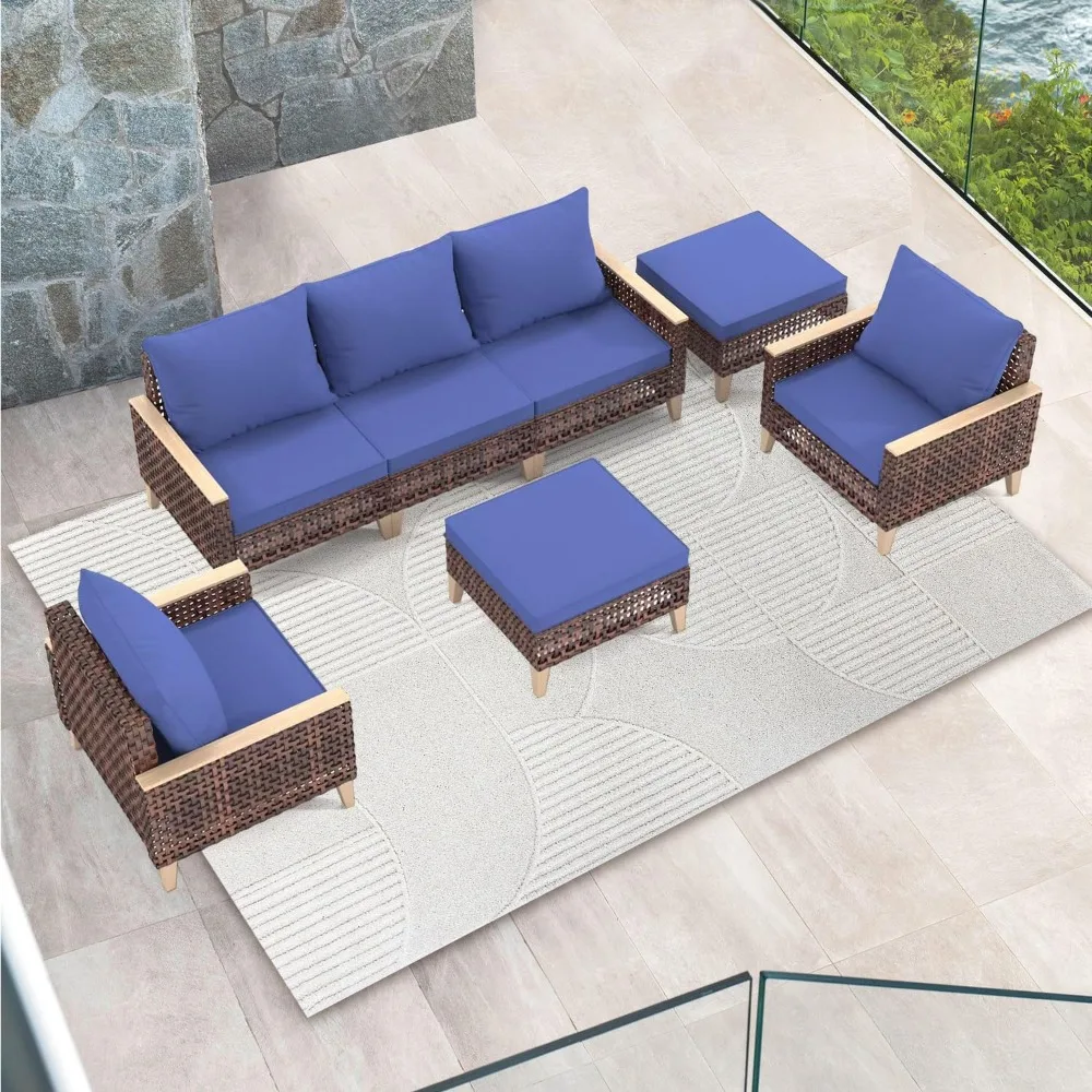 5 Piece Patios Furniture Set - Outdoor Sets with Patio Sofas, 2 Wicker Patio Chairs and 2 Wicker Ottoman, Rattan Patio Furniture