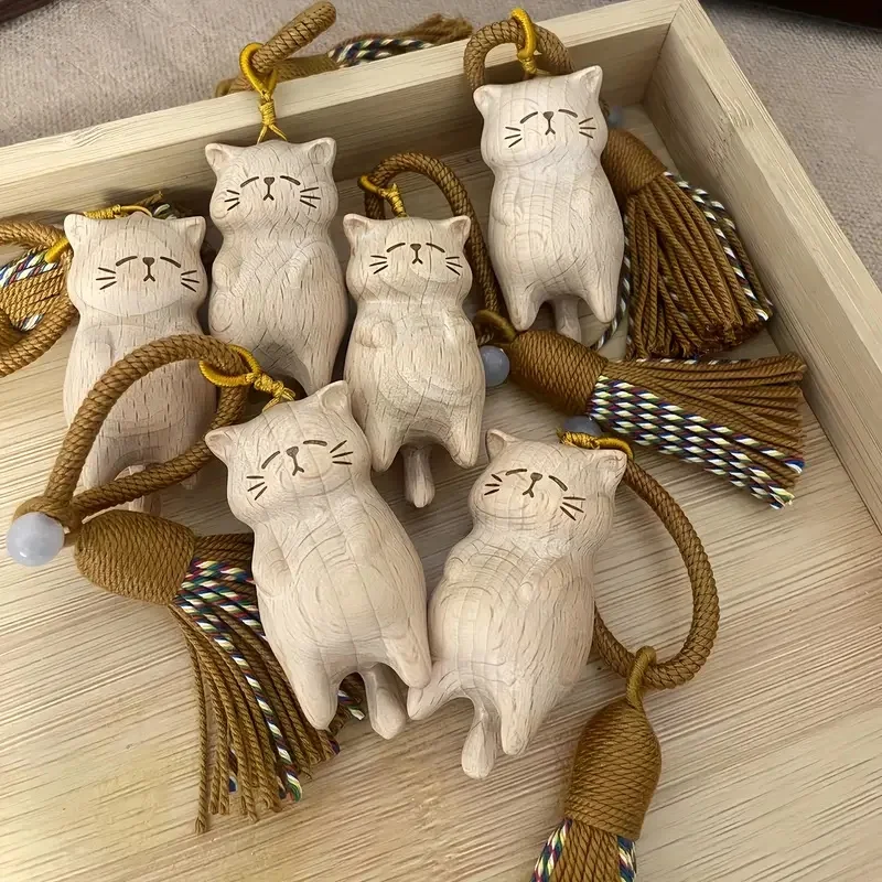 1 Stück handgefertigter hölzerner niedlicher Geldfang-Katzen-Anhänger, skurrile Tierkunst für Taschen, Autoschlüssel, festliches Zubehör, Dekoration