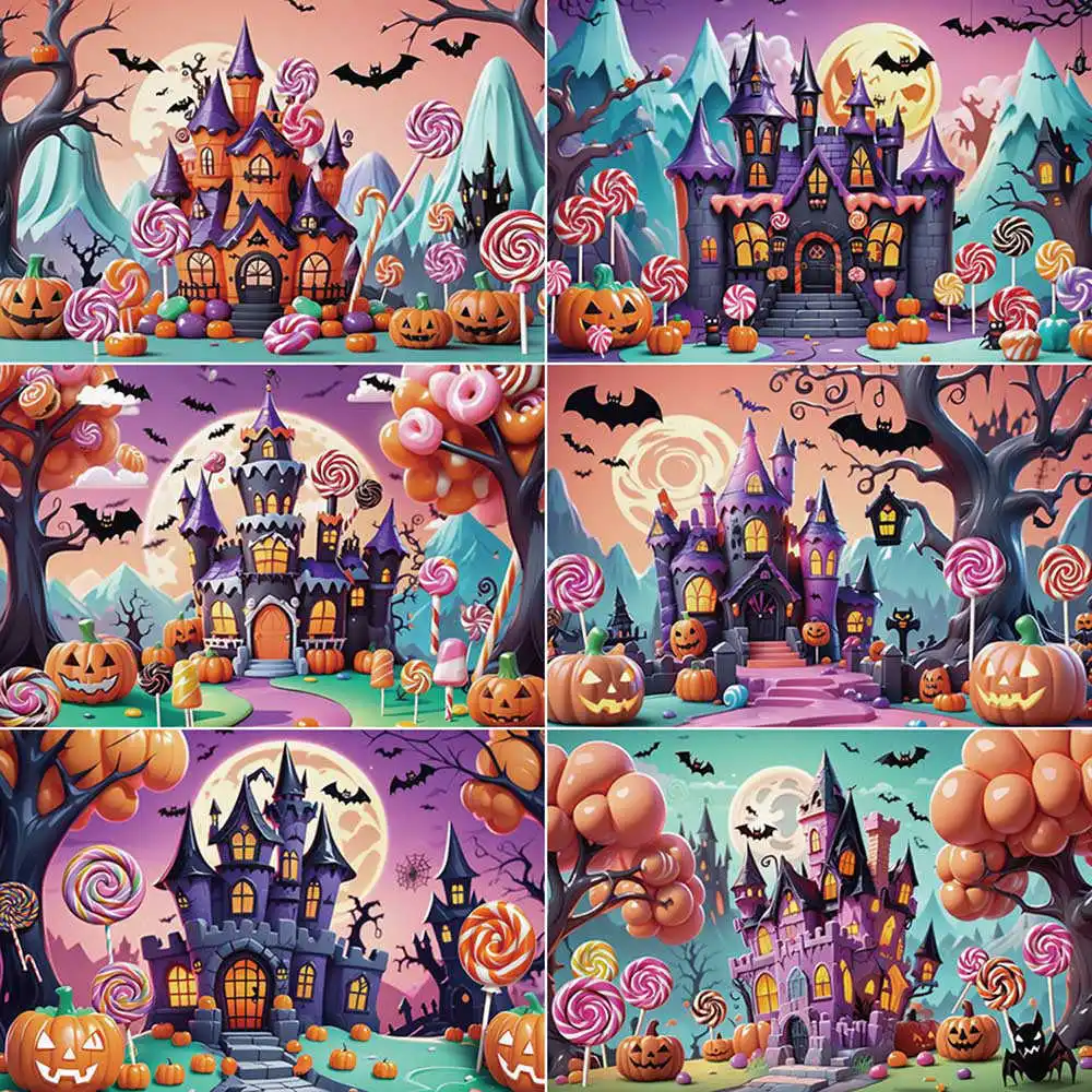 MOON.QG Halloween Photography Background Candyland Castle Bat Photocall Backdrop Baby Photo Studio Photobooth Supplies