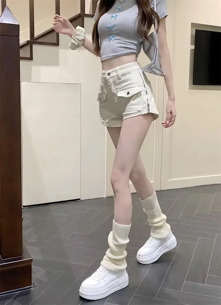 Women's Zipper Design High Waist Wide-leg Straight-leg Hot Pants American Hot Girl Work Clothes Denim Shorts