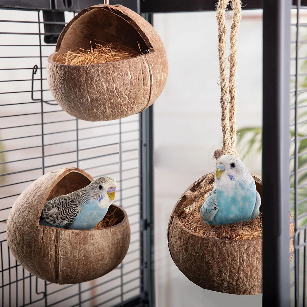 Casa de pájaro de coco, concha de coco, nido oculto, refugio colgante, jaula de pájaros, decoración de Habitats para hámster, planeador de azúcar, loro, pájaro
