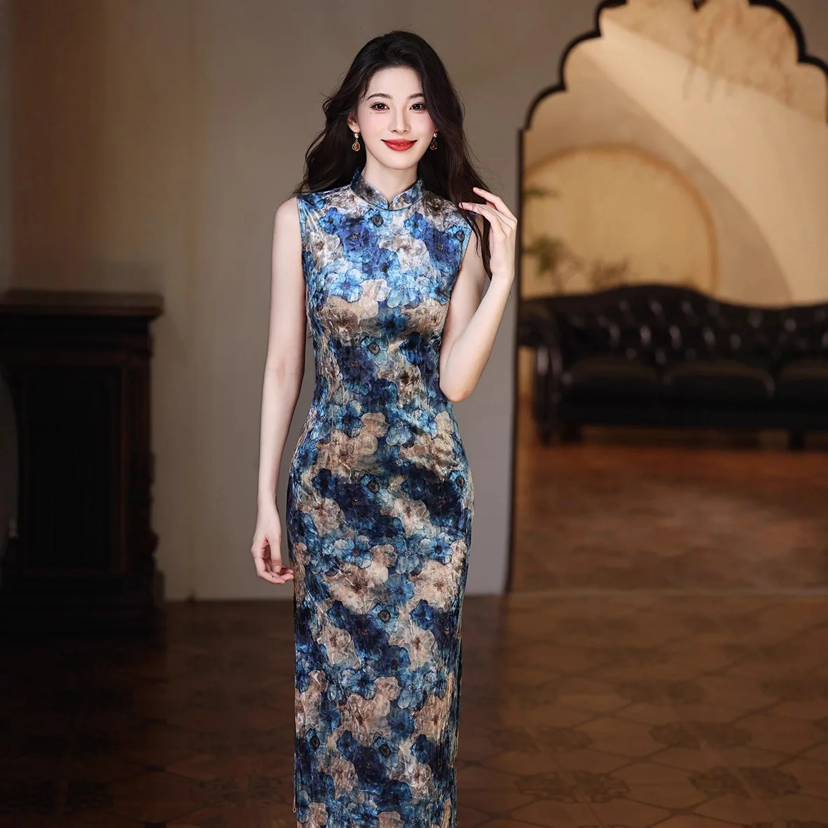 

Китайское вельветовое платье-ципао без рукавов с принтом, сексуальное женское винтажное классическое китайское платье из золотистого велюра