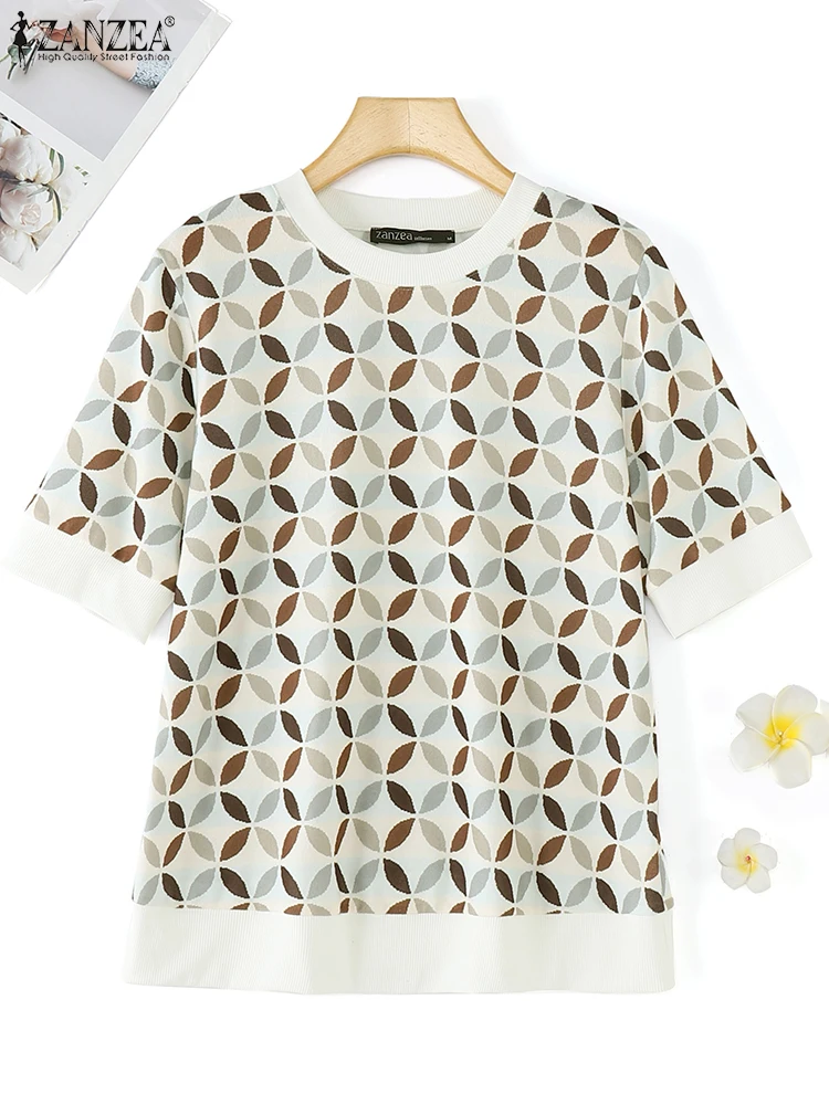 

ZANZEA 2025 Women Printed Knitted Tops Fashion Summer Short Sleeve Basic Tunics Holiday O-neck T-shirts Casual Colorblock Blusas