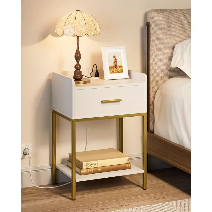 

with Charging Station,3Tier Bedside Table for Small Space,Modern Night Stand with Storage Drawer and Shelf,Small Side Table for