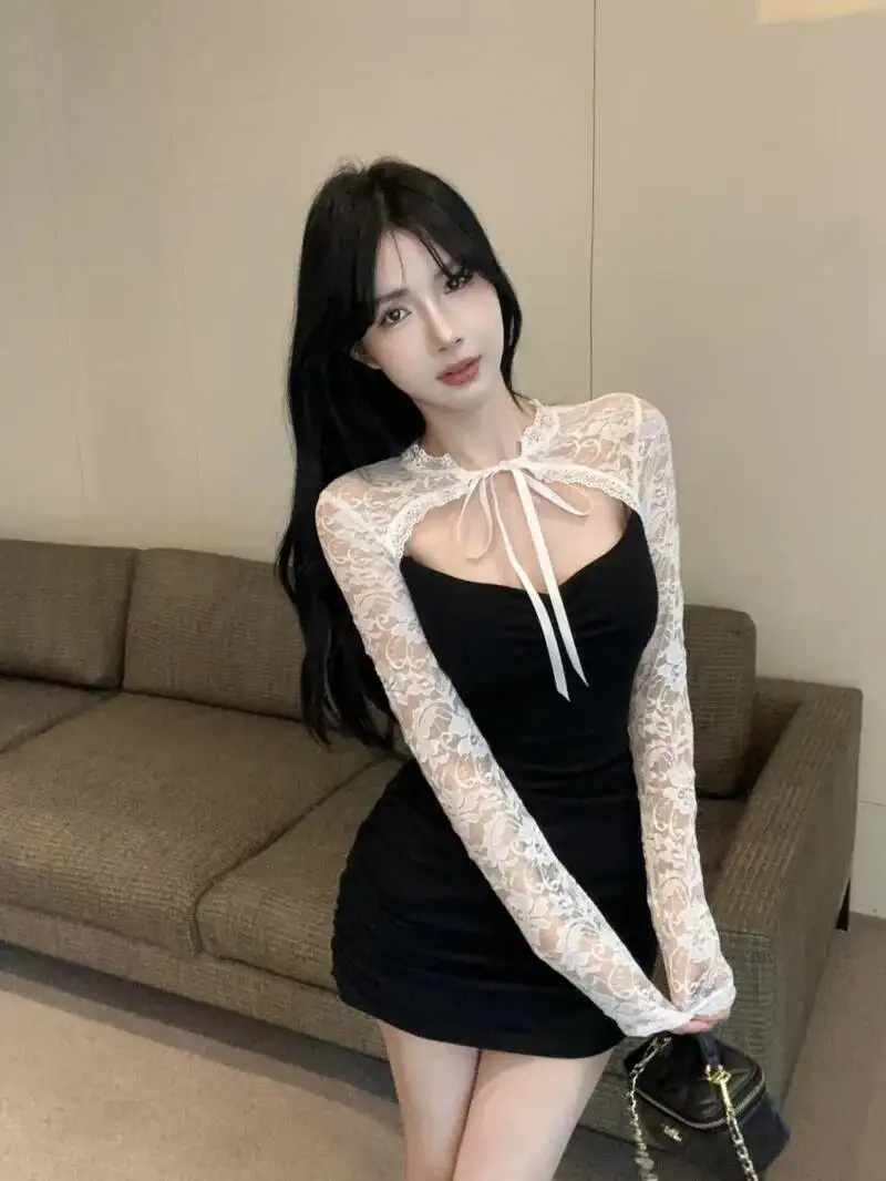 Koreańska seksowna koronkowa sukienka z wycięciami, sznurowana, prześwitująca, z długim rękawem, dopasowana, z efektem modelowania talii i bioder, krótka sukienka PH4T