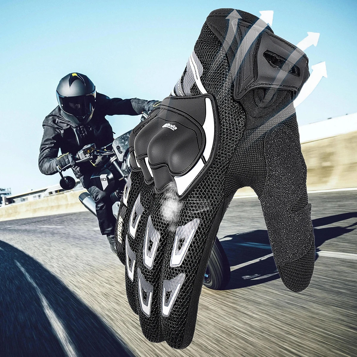 

Summer Motorcycle Riding Gloves Full Finger Breathable Bicycle Moto Biker Touchscreen Ptrotective Glove Gray Reflective at Night