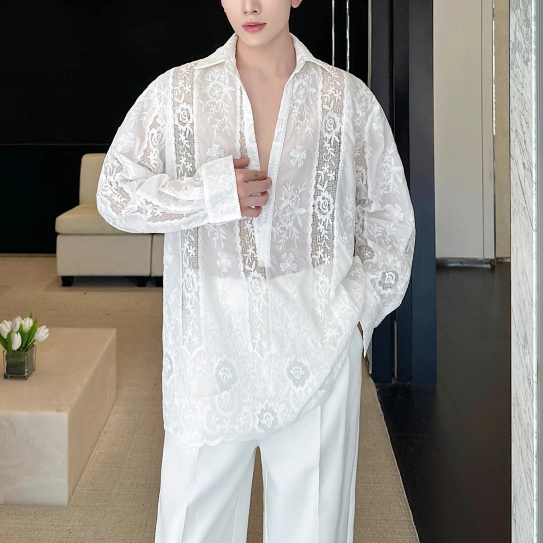 French Hollow Embroidery Lace Flower V-neck Long Sleeved Shirt Men Loose Sexy Streetwear Nightclub Stage Performance Shirts 2025