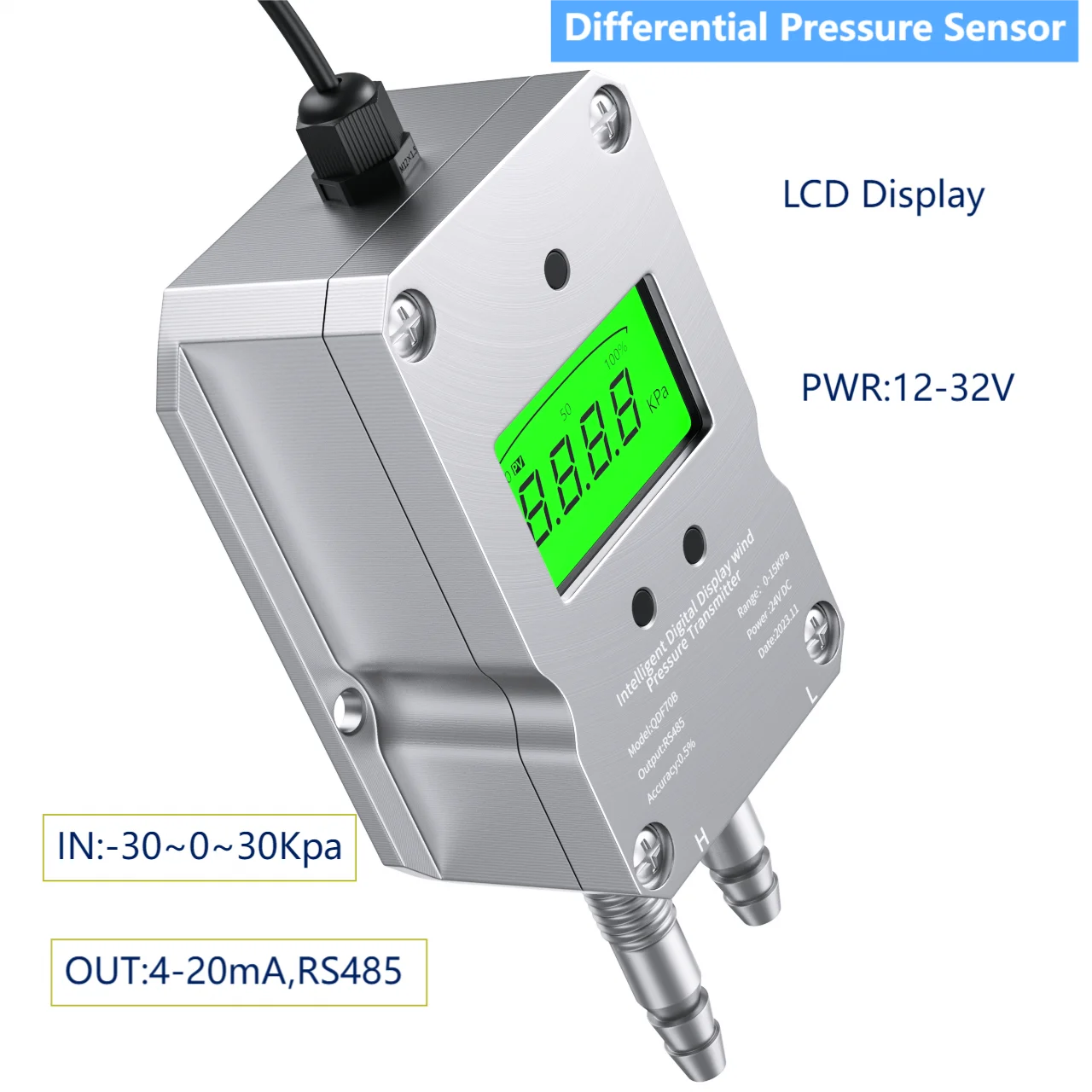 LCD Differential Pressure Transmitter Digital 4-20mA 0-10V RS485 Differential Pressure Transducer -1-1Kpa Gas Pressure Sensor