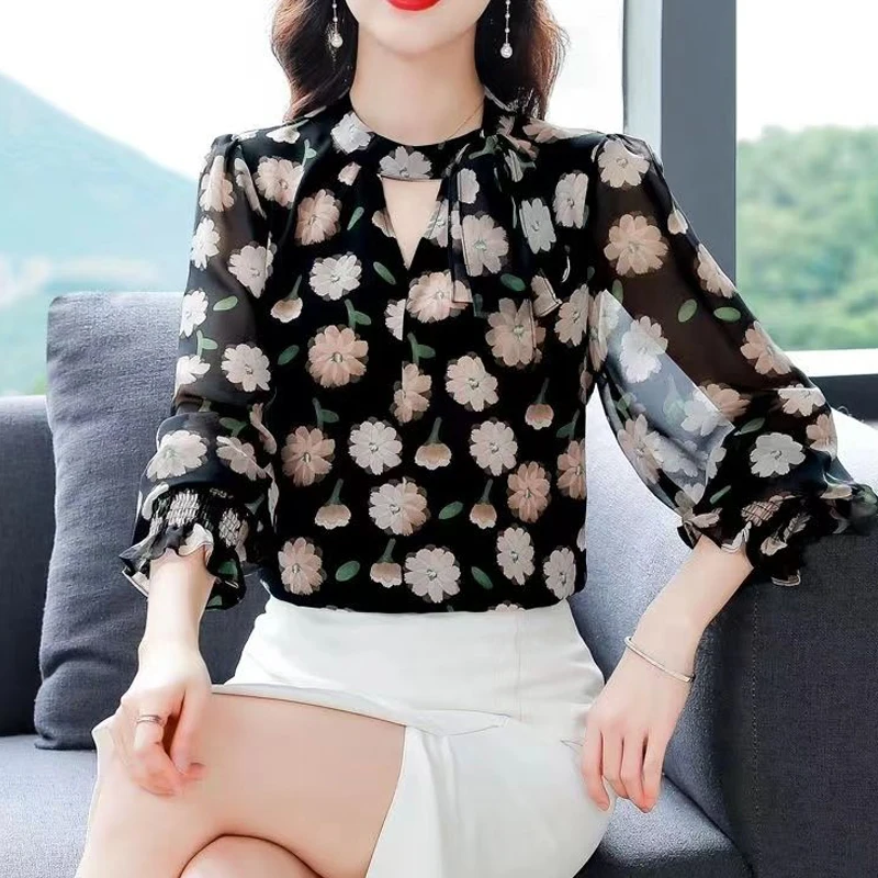 Women Hollow Lace Up Floral Print Elegant Chiffon Blouse Spring Summer Fashion Casual Sweet Thin Shirts Long Sleeve Tops Female