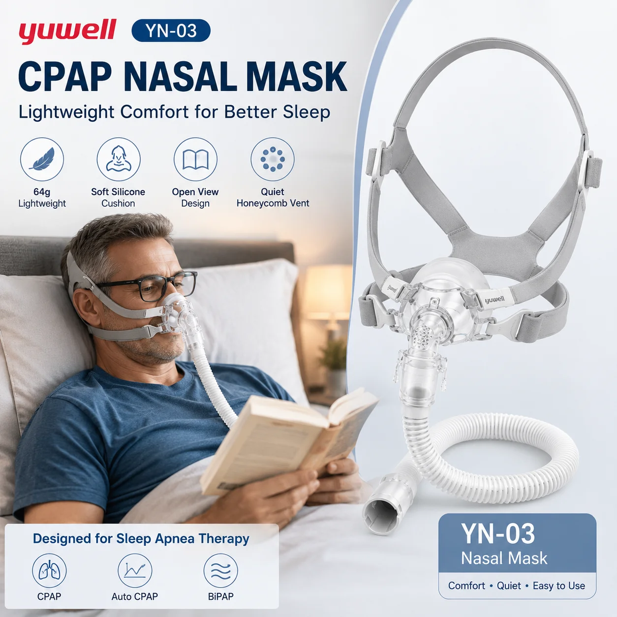 cpap-nasal-mask-yuwell-yn03-for-sleep-apnea-adjustable-headgear-soft-silicone-cushion-with-tube-for-cpap-auto-cpap-machine