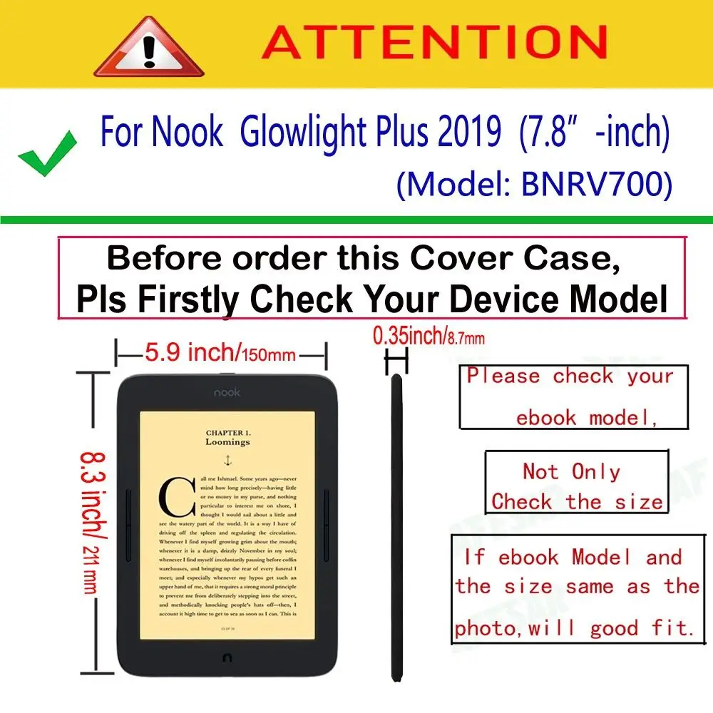 Premium 7.8inch E-Reader Case Anti-fall Shockproof Back Cover Leather Microfiber Lining Folio Cover for Nook Glowlight Plus 2019