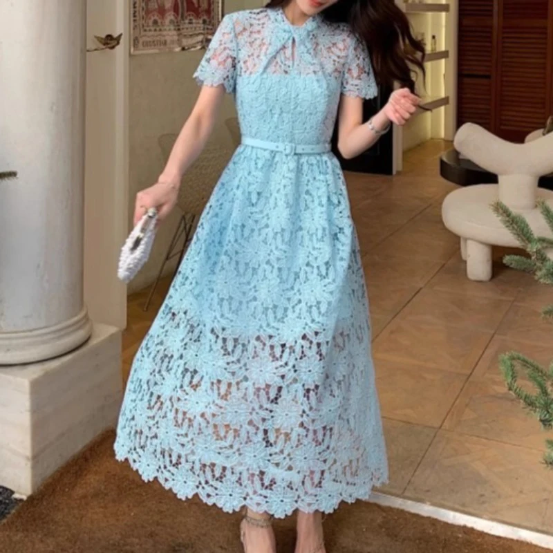

Синее кружевное платье, женское открытое уличное платье с высокой талией, шикарная одежда, женская одежда с круглым вырезом, дизайн подиума, винтажное облегающее платье