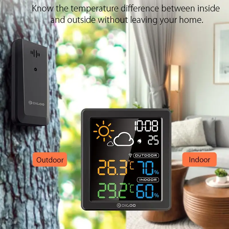 DIGOO DG-8647 Mini Colorful HD Screen LCD Weather Station Alarm Clock Smart Hygrometer Thermometer Snooze Dual Desktop Clock