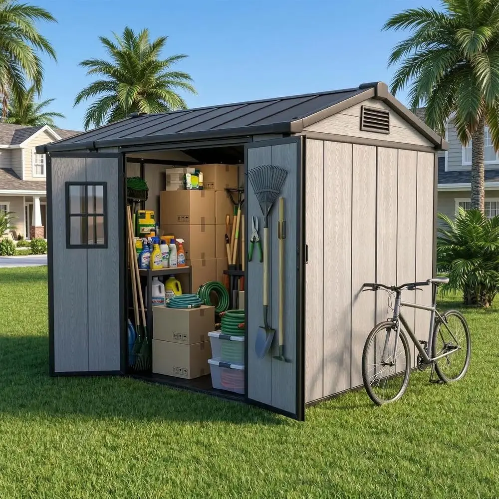 

6x8 Outdoor Storage Shed - Light Gray, Ideal for Garden Tools, Bikes, and Patio Accessories
