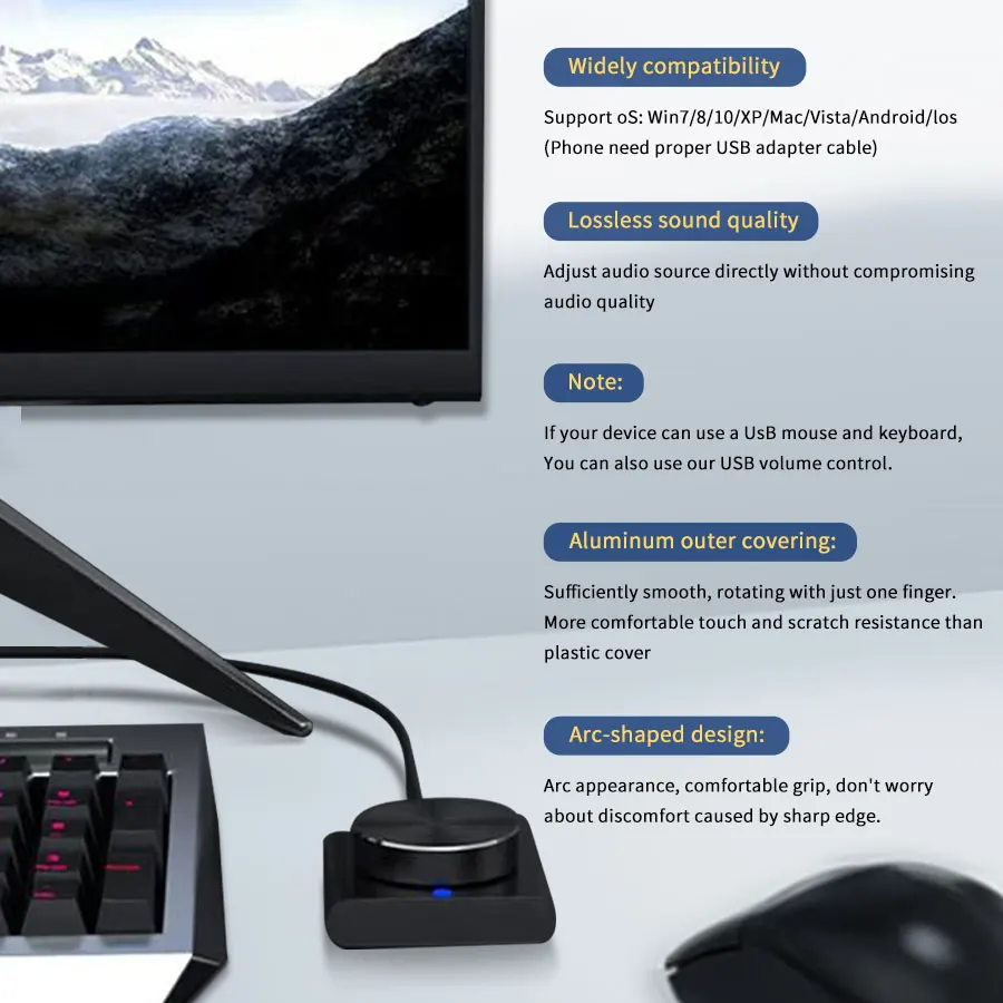 مقبض التحكم في مستوى الصوت USB للكمبيوتر وحدة تحكم الوسائط المتعددة مع وظيفة كتم الصوت/الإيقاف المؤقت بمفتاح واحد تدعم Windows/Mac/IOS/Android/Linux