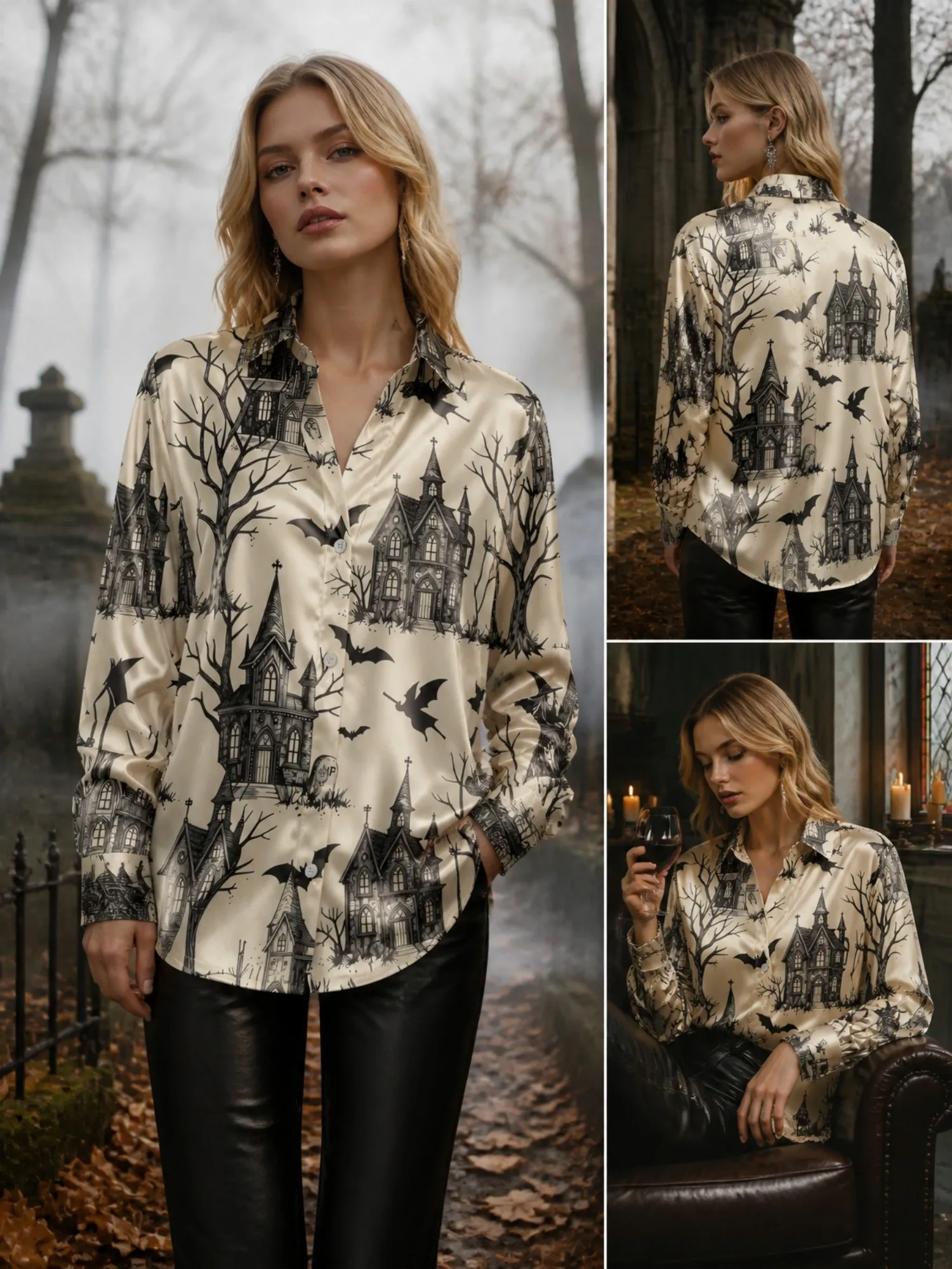 

Ivory Haunted House Satin Blouse for Women Long Sleeve Button Down Shirt Gothic Halloween Party Silky Top