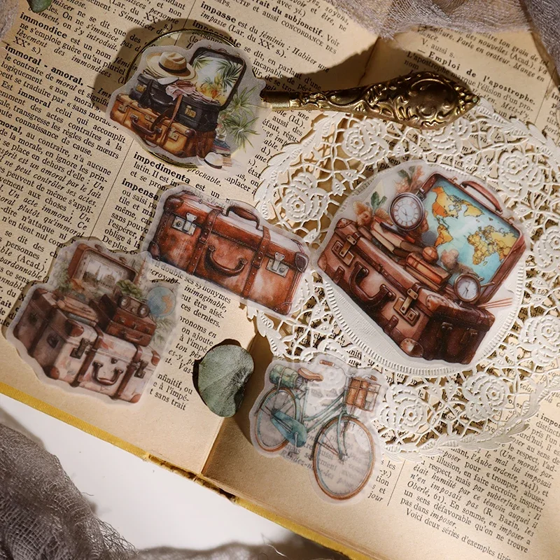 25pcs Vintage Travel Stickers Junk Journal Planner Transparent Camera Backpack Stickers Decorative Album Scrapbooking Material