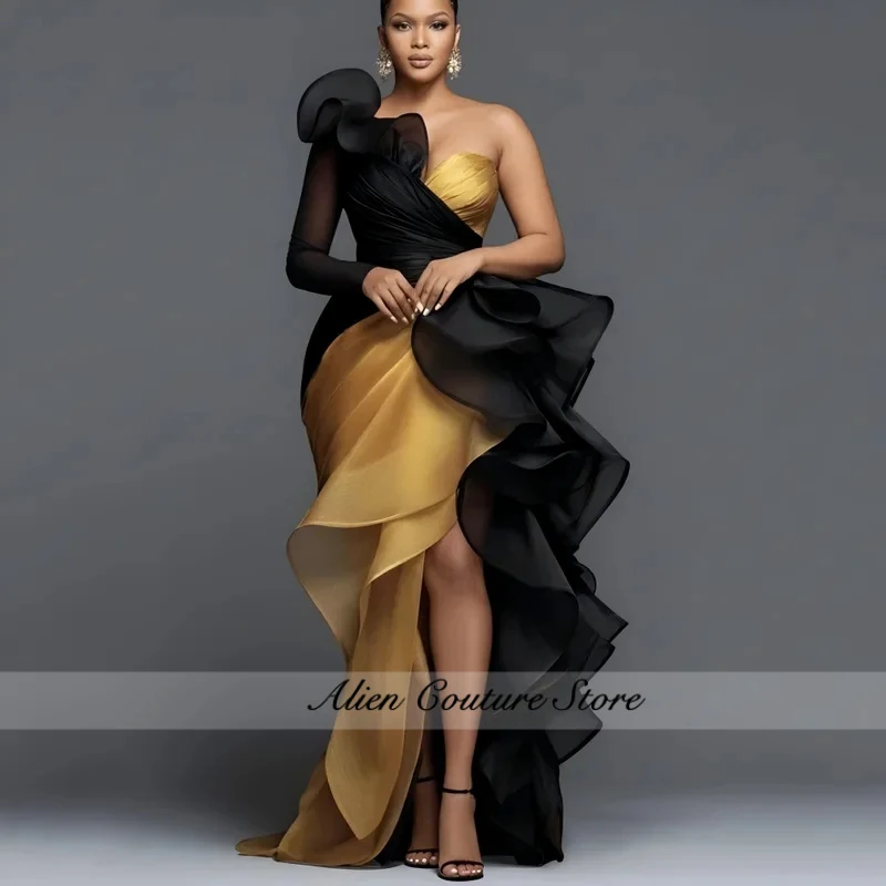 

Customized Black Gold Prom Dresses Organza Ruffles One Shoulder High Split Mermaid Formal Party Women Evening Gowns Long