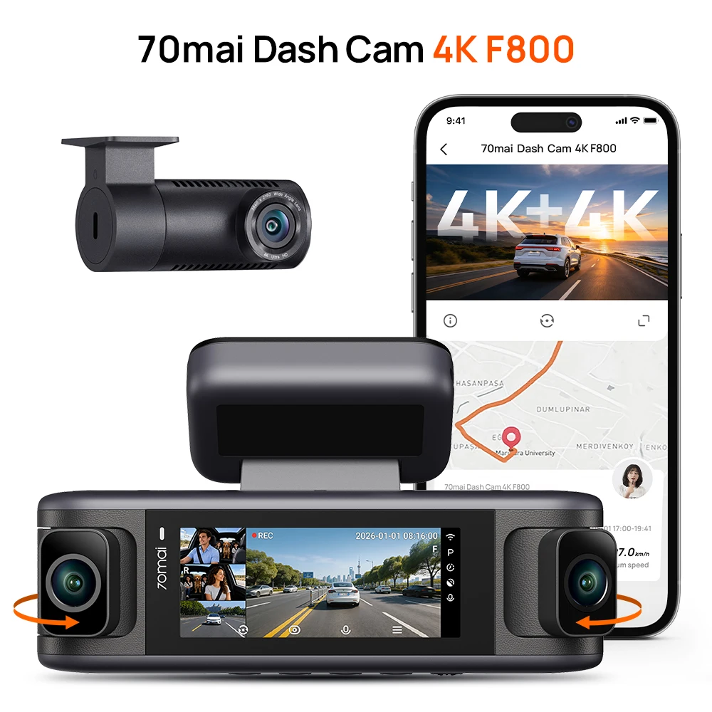 【New】70mai Dash Cam 4K F800 4-CH 4K+4K+1080P+1080P f1.55 Supercapacitor GPS ADAS Wifi 6 Voice Control Car Recorder 70mai F800