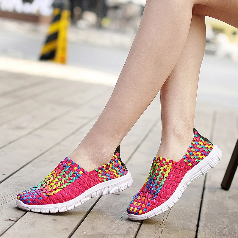 Women Shoes Summer Flats Female Loafers Woman Casual Flat Woven Shoe Mesh Breathable Sneakers Slip on Colorful Plus Size 42