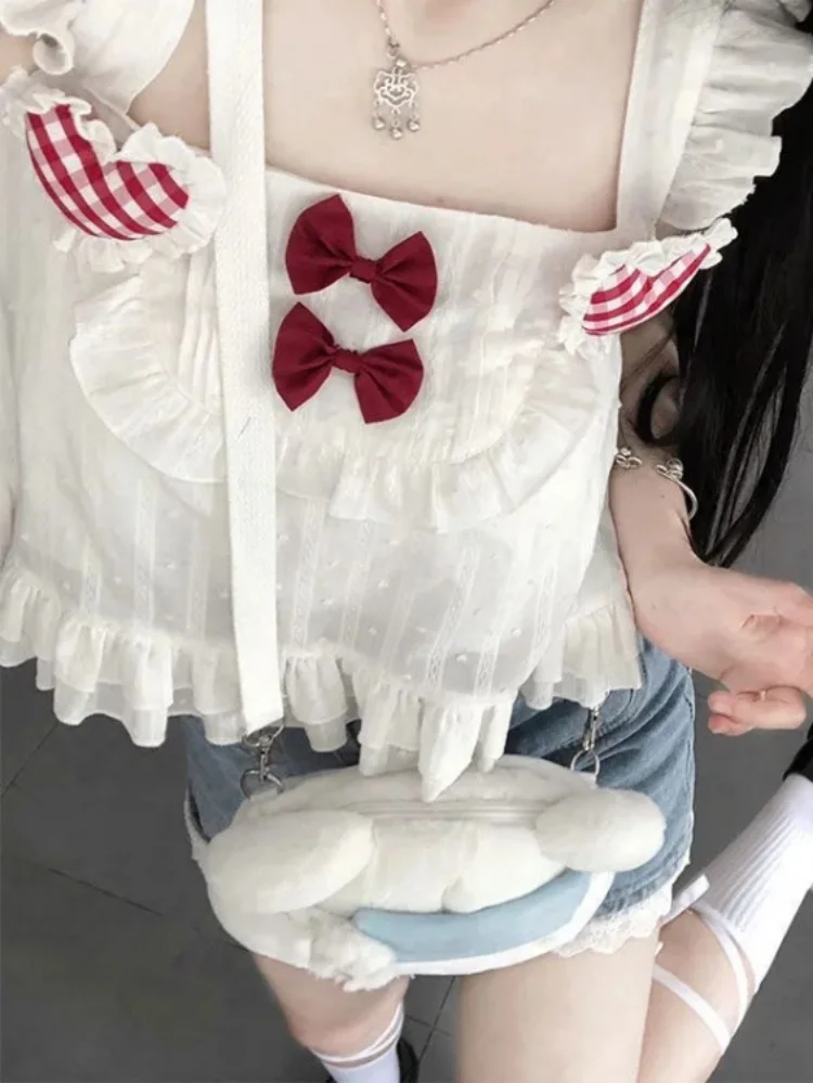 Y2k Aesthetic Harajuku Sweet Cute Tank Top Bow Patchwork 2024 Summer Kawaii Casual Cropped  Basic All Match Preppy Loose Tees