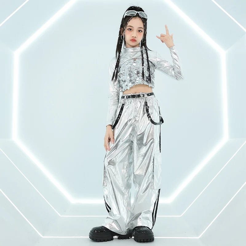 Kids Clothing  Jazz Dance Silver Sequin Suit Tops Cargo Pants Hip-hop Suit Street Dance Clothes Catwalk Show Costumes DQL9583