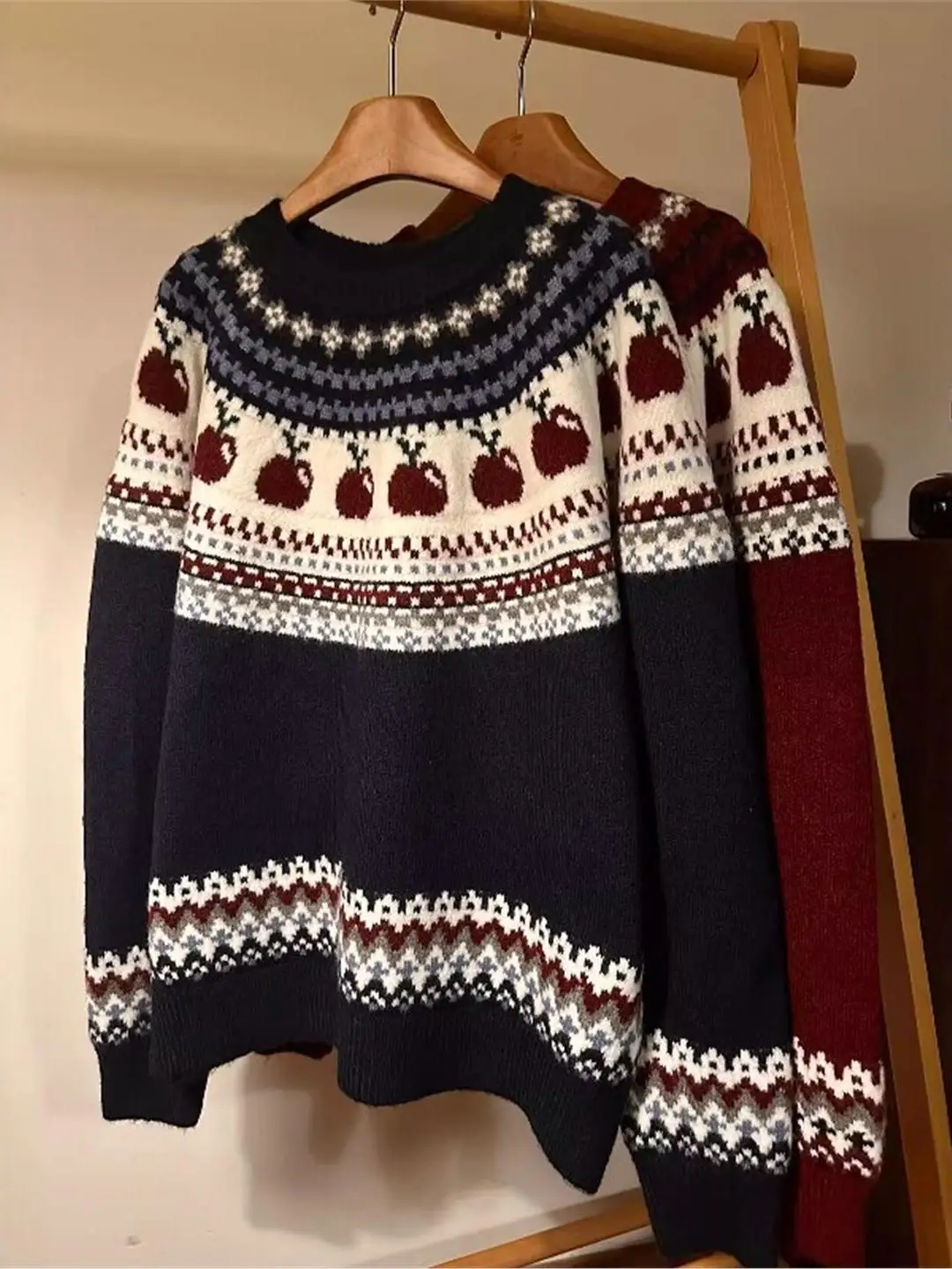 

Retro American Fair Isle Knit Sweater Loose Lazy Sle Women's Winter Warm Geometric Pattern Couple's Casual Knittedwear