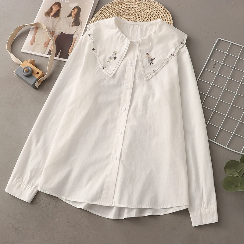 Outono dos desenhos animados menina bordado peter pan colarinho blusa topos roupas femininas camisa branca de manga comprida camisas e blusas de algodão u361