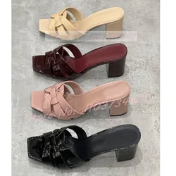 Square Toe Genuine Leather Mules Women Elegant Party Outdoor Open Toe Block Heeled Slippers Female Casual Concise Big Size Shoes