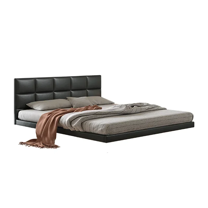 Suspended Italian minimalist leather Bedroom black chocolate Small apartment thin bedside bed