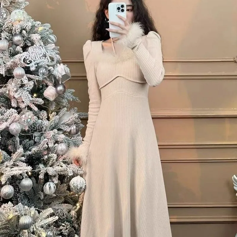 

Элегантное французское трикотажное платье с глубоким квадратным воротником для похудения, осень-зима 202, однотонное женское платье с длинным рукавом, новое платье макси C99