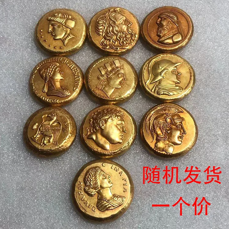 

Copper coin collection, gilded copper, Greek circular small ancient coins, foreign coins, film and television props