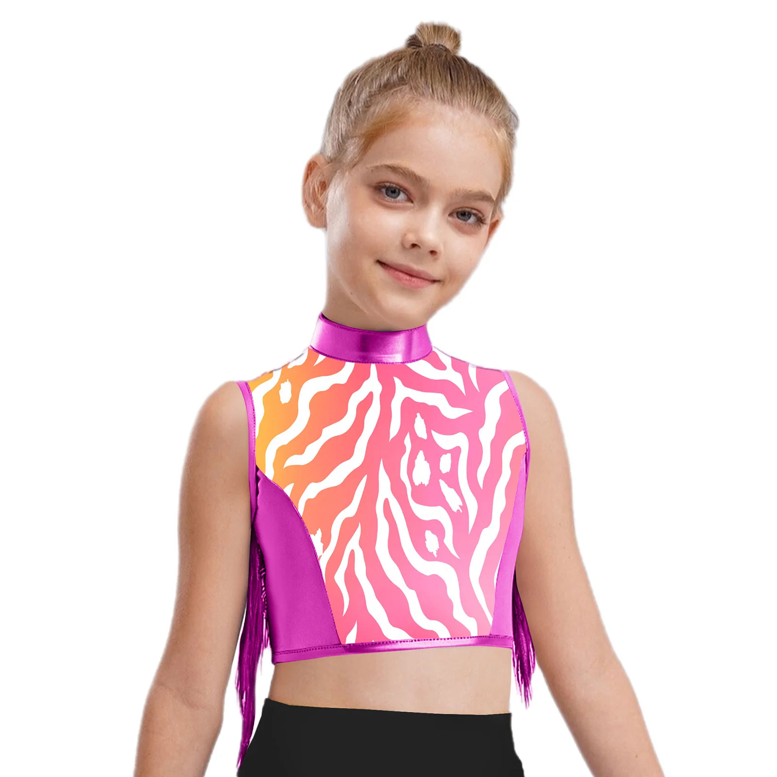 

Fashion Kids Girls Jazz Dance Tops Mock Neck Sleeveless Keyhole Back Zebra-Stripe Metallic Crop Top Stage Performance Costumes
