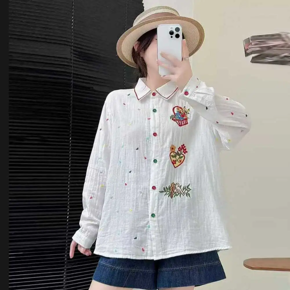 اليابانية الحلو موري فتاة الكرتون الطيور القلب التطريز تي شيرتات قطن المرأة الخريف رفض طوق كم طويل بلوزة غير رسمية