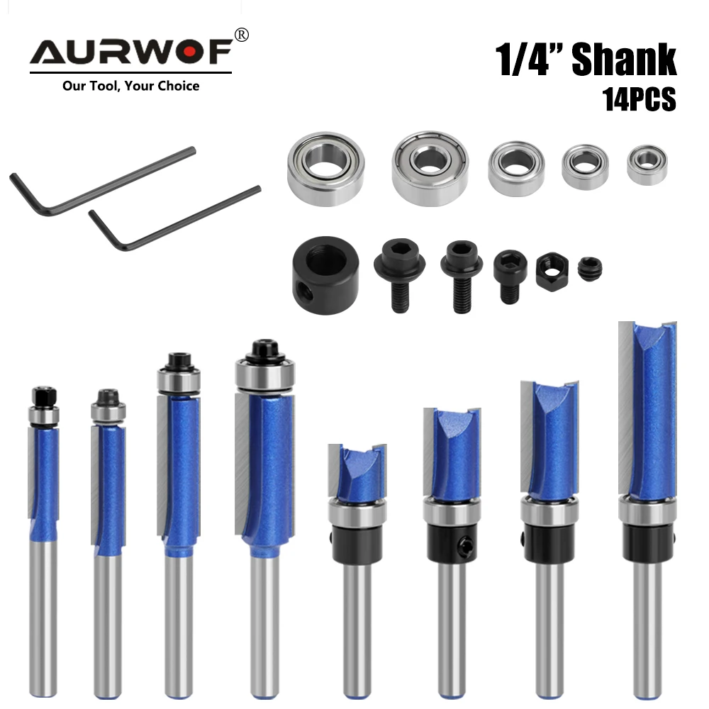 14pcs 1/4 Shank Router Bit With Bearing Set Pattern High Quality Router Bit Emplate Milling Cutter For Wood Woodworking End Mill